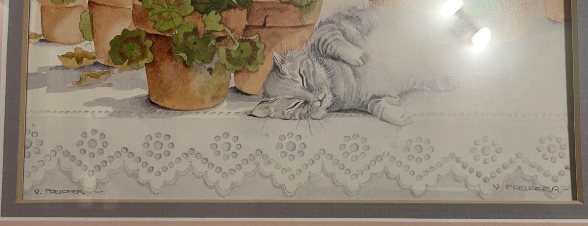 Valerie Pfeiffer " SMOKEY DREAMS" Signed, Beautiful Lithograph Print, Double Matted, Size 8" x 6" Under Glass with White Wooden Frame