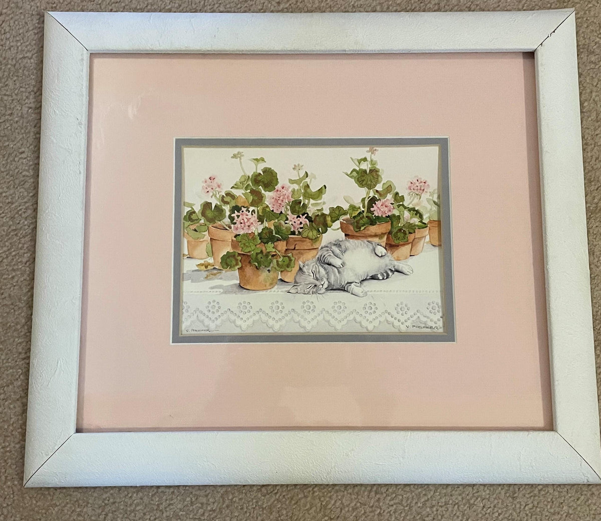 Valerie Pfeiffer " SMOKEY DREAMS" Signed, Beautiful Lithograph Print, Double Matted, Size 8" x 6" Under Glass with White Wooden Frame